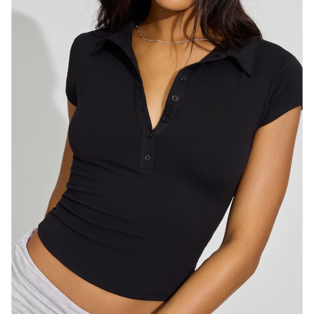 Garage Black Short-Sleeve Collared Polo Crop Top